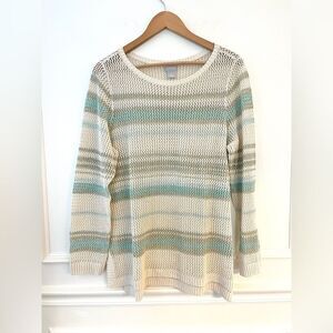 Chico's Women Blue‎ Brown Striped Open Weave Long Sleeve Tunic Sweater Size 2